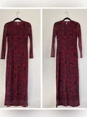 Cupshe x JoJo Fletcher Merlot Wine Floral Mesh Long Sleeve Maxi Dress Sz Small